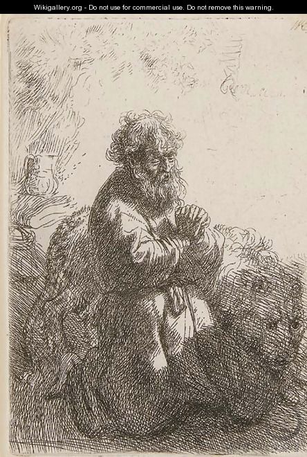 St. Jerome kneeling in Prayer, looking down - Rembrandt Van Rijn