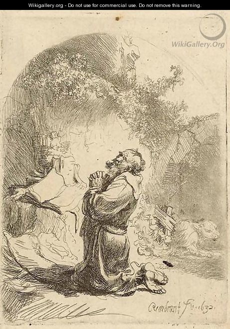 Saint Jerome praying Arched - Rembrandt Van Rijn