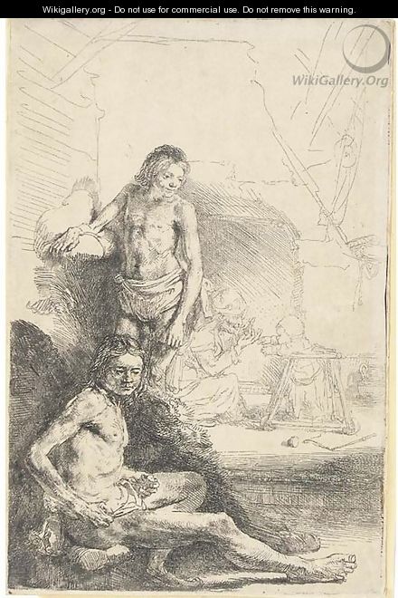 Nude Man seated and another standing, with a Woman and a Baby lightly etched in the Background - Rembrandt Van Rijn