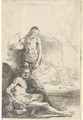 Nude Man seated and another standing, with a Woman and a Baby lightly etched in the Background - Rembrandt Van Rijn