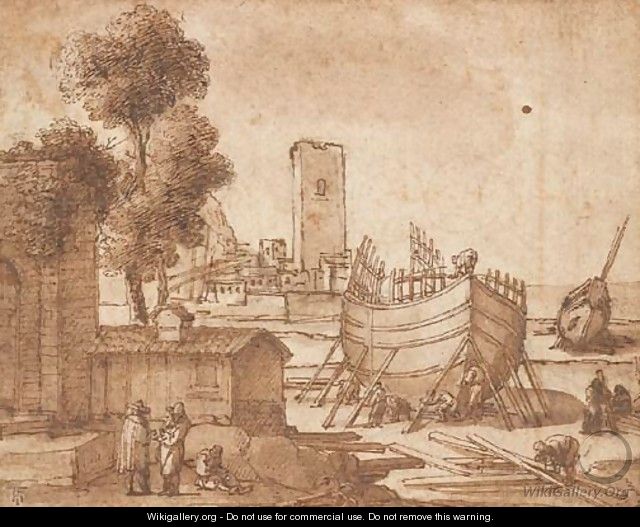 A building dock by a port, figures in the foreground - Remigio Cantagallina