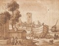 A building dock by a port, figures in the foreground - Remigio Cantagallina