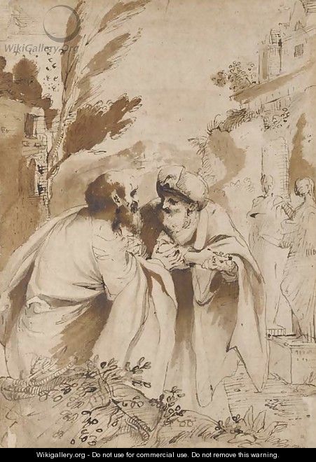 The two Elders conversing, Susannah in the background entering the bath - Pietro Faccini