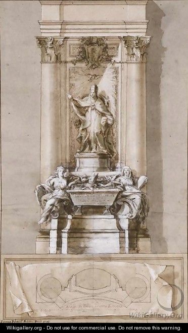 Design for the tomb of Pope Clement XI Albani with allegories of Strength and Religion flanking a sarcophagus - Pietro Bracci
