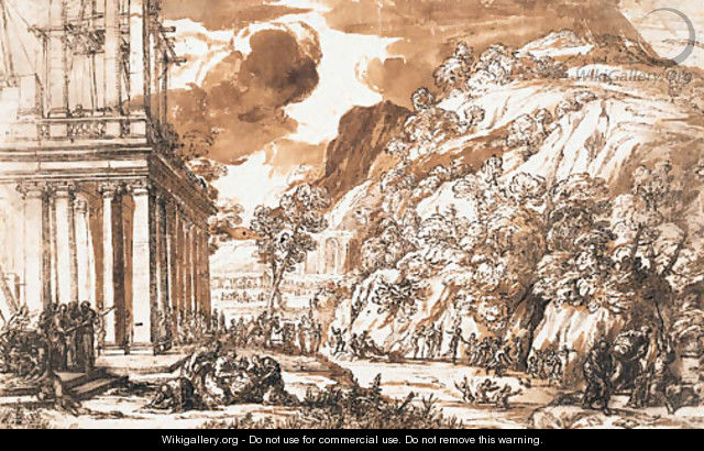 The construction of a classical temple, with groups of astrologers and architects, and a boar hunt in the foreground - Pietro Da Cortona (Barrettini)