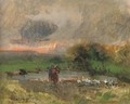 Tending to the geese at dusk - Pompeo Mariani