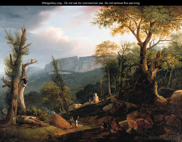 An extensive mountainous landscape with an artist sketching - Polydore Roux