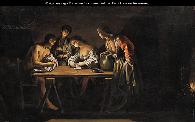 Figures around a table lit by an oil lamp - Pietro Ricchi
