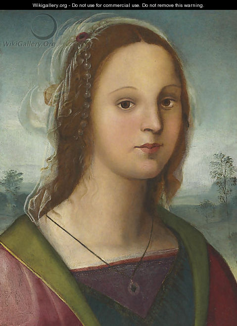 Portrait of a young lady, bust-length, with a pearl headdress, a landscape beyond 2 - Raffaellino del Garbo