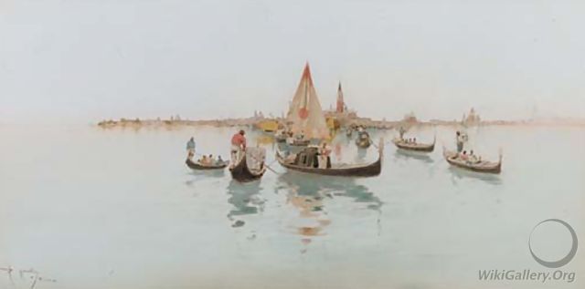 Gondolas and fishing craft on the Lagoon, Venice (illustrated) - Raffaele Mainella