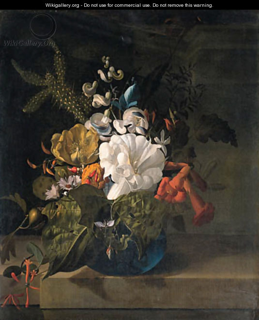 A white gentian, a cactus, a tulip and exotic flowers in a glass vase on a ledge - Rachel Ruysch