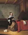 An interior with a woman seated holding an orange by a draped table, a dog at her side, a map of Europe and a spinet behind - Quiringh Gerritsz. van Brekelenkam