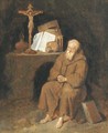 A hermit seated by an altar in a grotto - Quiringh Gerritsz. van Brekelenkam