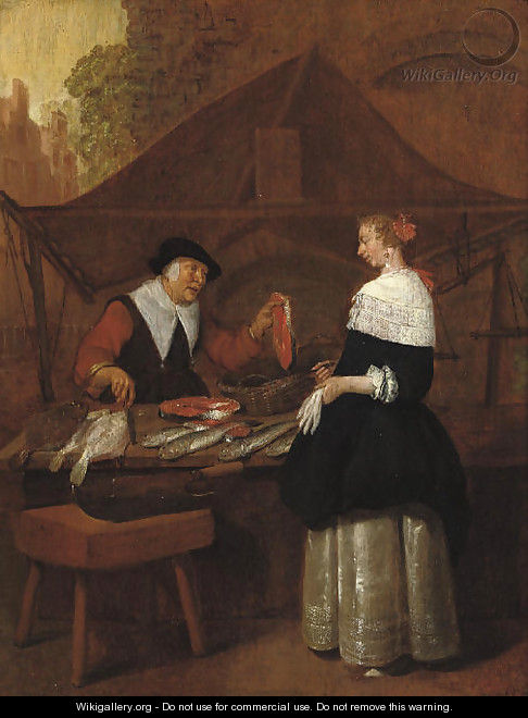 A fishmonger selling her wares to an elegant lady at a stall - Quiringh Gerritsz. van Brekelenkam