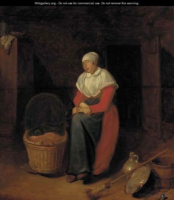 An interior with a woman by a cradle - Quiringh Gerritsz. van Brekelenkam