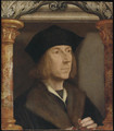 Portrait of gentleman, bust-length, in a fur-lined coat, telling a rosary, set in an architectural surround - Quinten Metsys