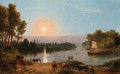 An extensive River Landscape, with figures and cattle in the foreground, possibly on the River Thames looking from Petersham Meadows towards Richmond - Ramsay Richard Reinagle