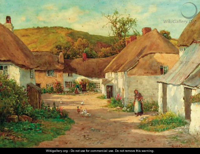 Figures and geese before thatched cottages - Ralph William Bardill