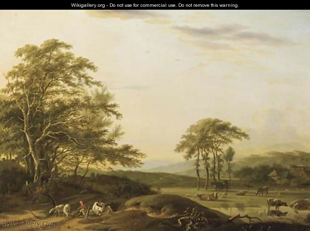 An Italianate river landscape with a shepherd and cattle - Barend Gael or Gaal