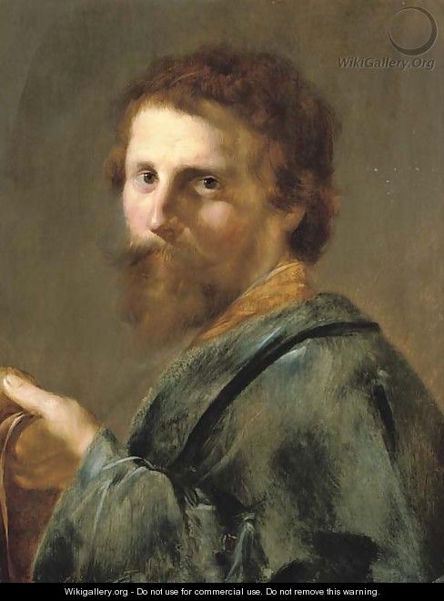 Portrait of a man, bust-length, in a blue robe, holding his cap in his left hand - Pieter de Grebber