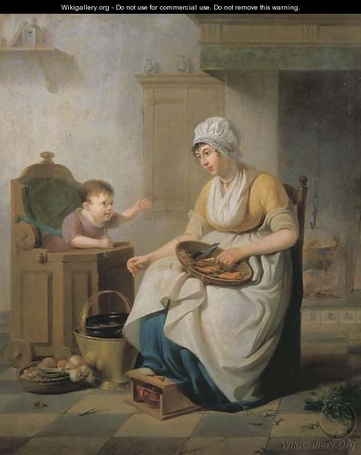 A small child in a high chair with a servant cleaning vegetables seated nearby, in a kitchen interior - Pieter Fontijn