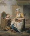 A small child in a high chair with a servant cleaning vegetables seated nearby, in a kitchen interior - Pieter Fontijn