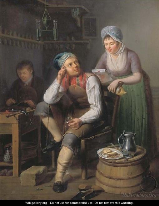 A shoemaker and a cobbler at work, a lady reading a letter nearby - Pieter Fontijn