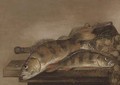 Sea bream, a fishing basket and nets on a wooden table - Pieter de Putter