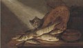 A cat, dead fish, earthenware pots and a fishing net on a table - Pieter de Putter