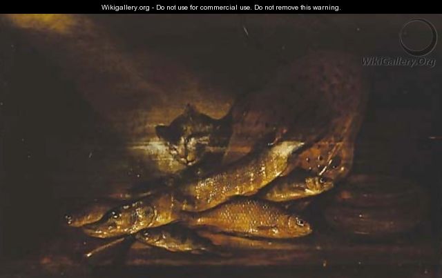 A cat with a pike, perch and other fish and a colander on a ledge - Pieter de Putter
