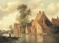 A river landscape with fishermen in a boat and cottages on an embankment - Pieter de Neyn