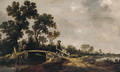 A horseman and a peasant with a wheel-barrow on a bridge in a river landscape - Pieter de Neyn