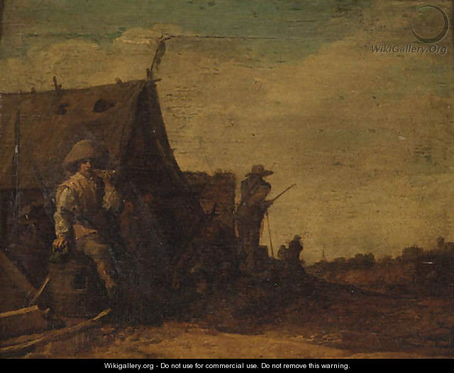A Soldier smoking a Pipe outside a Tent, a Village beyond - Pieter Molijn
