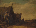 A Soldier smoking a Pipe outside a Tent, a Village beyond - Pieter Molijn