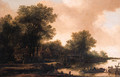 A hamlet in a wood by a river with fishermen in a rowing boat by a footbridge - Pieter Molijn