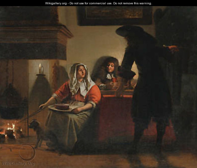 An interior with two gentlemen and a woman beside a fire - Pieter De Hooch