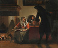 An interior with two gentlemen and a woman beside a fire - Pieter De Hooch