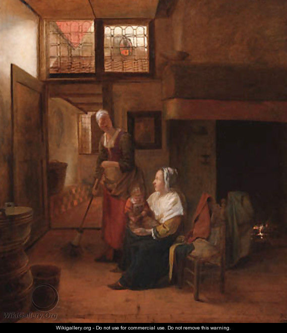 A mother and child with a serving woman in an interior, a hallway beyond - Pieter De Hooch
