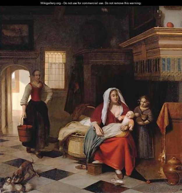 A mother and baby in an interior with a young girl and a maid - Pieter De Hooch