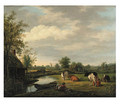 Peasants and cattle by a cottage in a river landscape - Pieter De Goeje