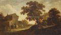 A wooded Landscape with Peasants gathered outside a Church - Pieter de Bloot