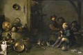 Boors smoking by a fire in a barn, with pots, pans and other kitchen utensils in the foreground - Pieter de Bloot