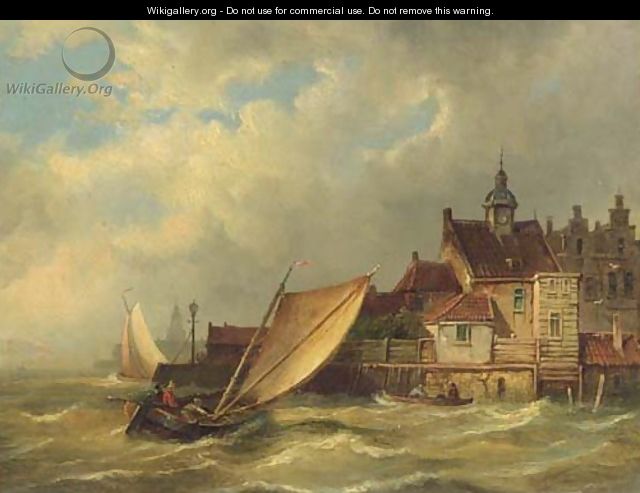 A sailing boat entering a Dutch harbour - Pieter Christiaan Cornelis Dommersen