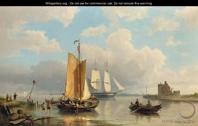 A river estuary with fishermen unloading the catch with a two-master beyond. - Pieter Christiaan Cornelis Dommersen