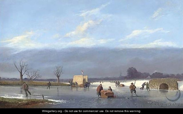 Skaters on a Dutch canal - Pieter Christiaan Cornelis Dommersen