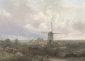 Windmills in a panoramic landscape in summer - Pieter Lodewijk Francisco Kluyver