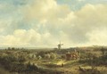 Figures in an extensive summer landscape, a windmill in the distance - Pieter Lodewijk Francisco Kluyver
