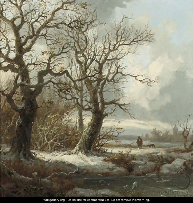 A winterlandscape with a traveller on a path - Pieter Lodewijk Francisco Kluyver