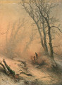 A snow-covered forest landscape with travellers approaching - Pieter Lodewijk Francisco Kluyver