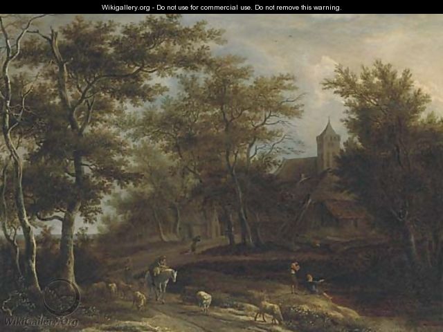 A wooded river landscape with a peasant on horseback, a shepherd with his flock and other peasants fishing outside a village - Pieter Jansz. van Asch